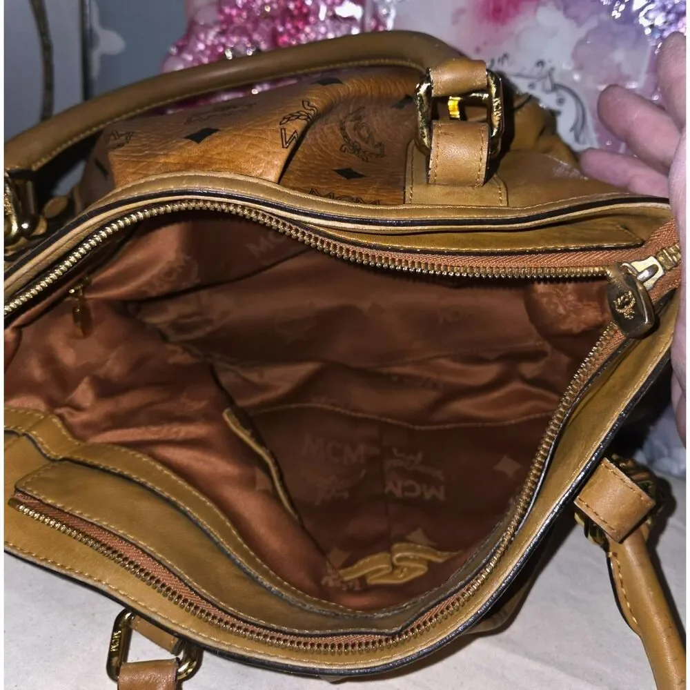 Authentic MCM Cognac Visetos Heritage Pleated Two-Way Satchel Bag (R6732)